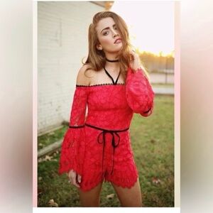 Alexis Red Lace Off-shoulder Romper with Black Velvet Trim NWT Size XS